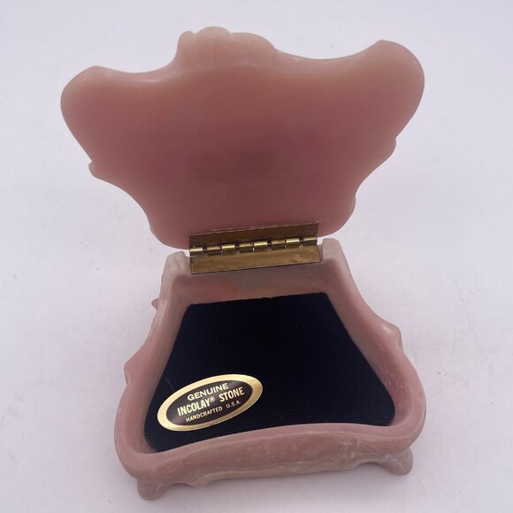 Vintage Genuine INCOLAY STONE Jewelry Trinket Box Pink Birds Bath 4.5" A9 - Picture 3 of 13